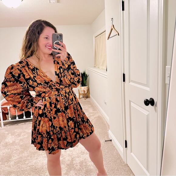 NWT DODO BAR OR Velvet Orange Black Floral Long Sleeve Mini Dress 44 8 - Picture 1 of 11